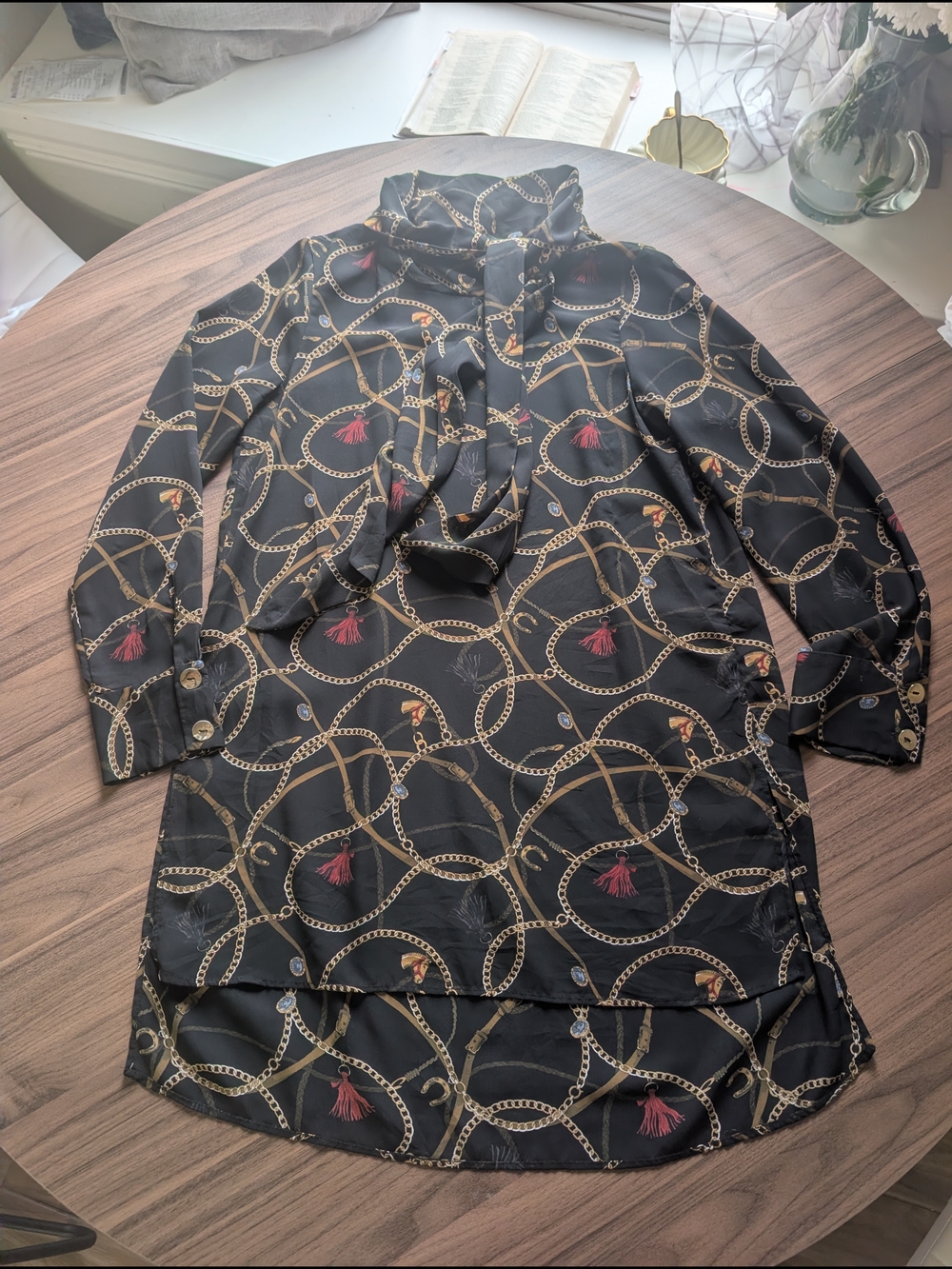 Zara Black Chain-Print Trench Coat with Red Tassel Accents